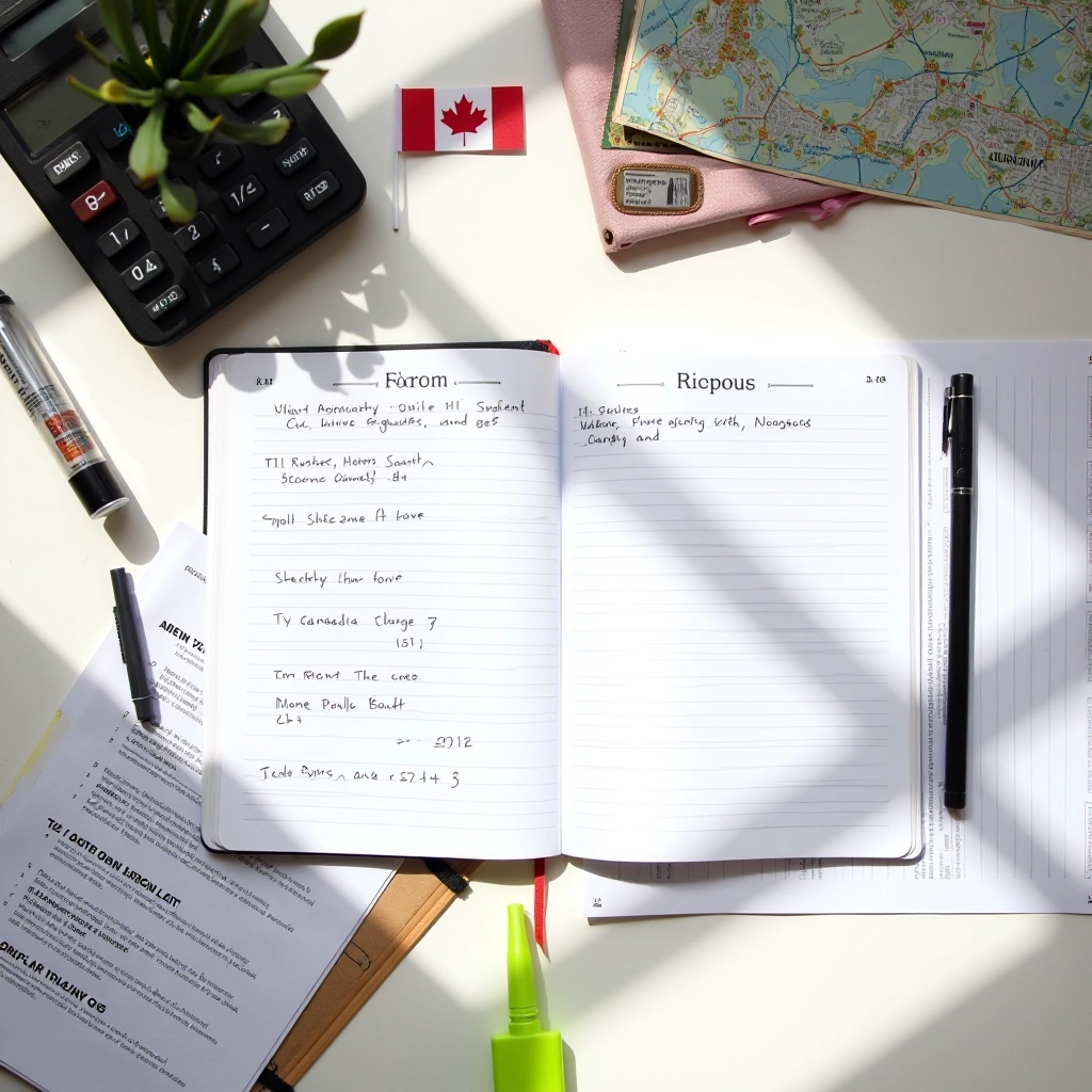 TaxTrail Canada Editorial Team workspace with research materials, documents, and notes organized on a professional desk