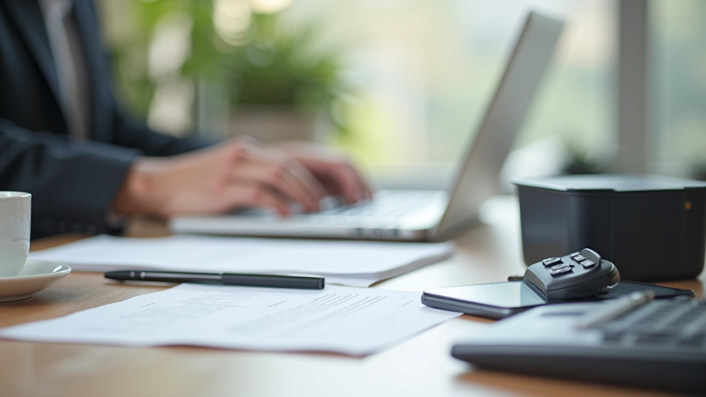 Business equipment including laptop, phone, and professional tools on workspace