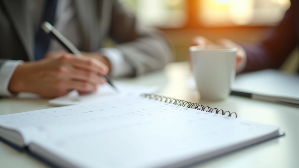 Calendar and planner showing monthly and quarterly review schedule for freelance bookkeeping