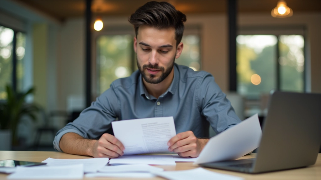 Person reviewing business receipts and expense documents at a desk with laptop