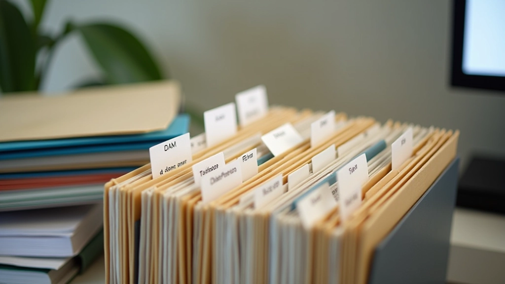 Organized filing system with labeled folders for income and expense documents