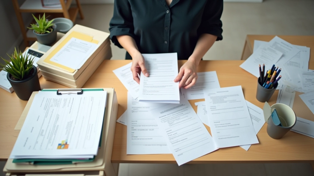 Person organizing financial records and documents at an organized workspace
